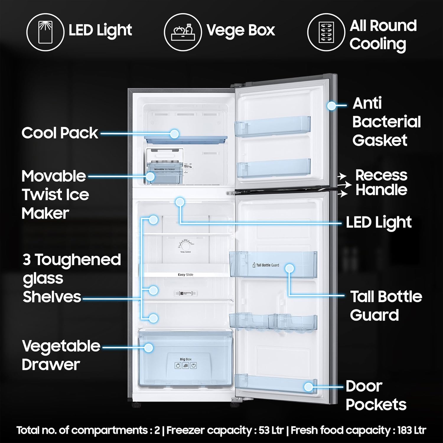 Samsung 236 L, 2 Star, Digital Inverter, Frost Free Double Door Refrigerator