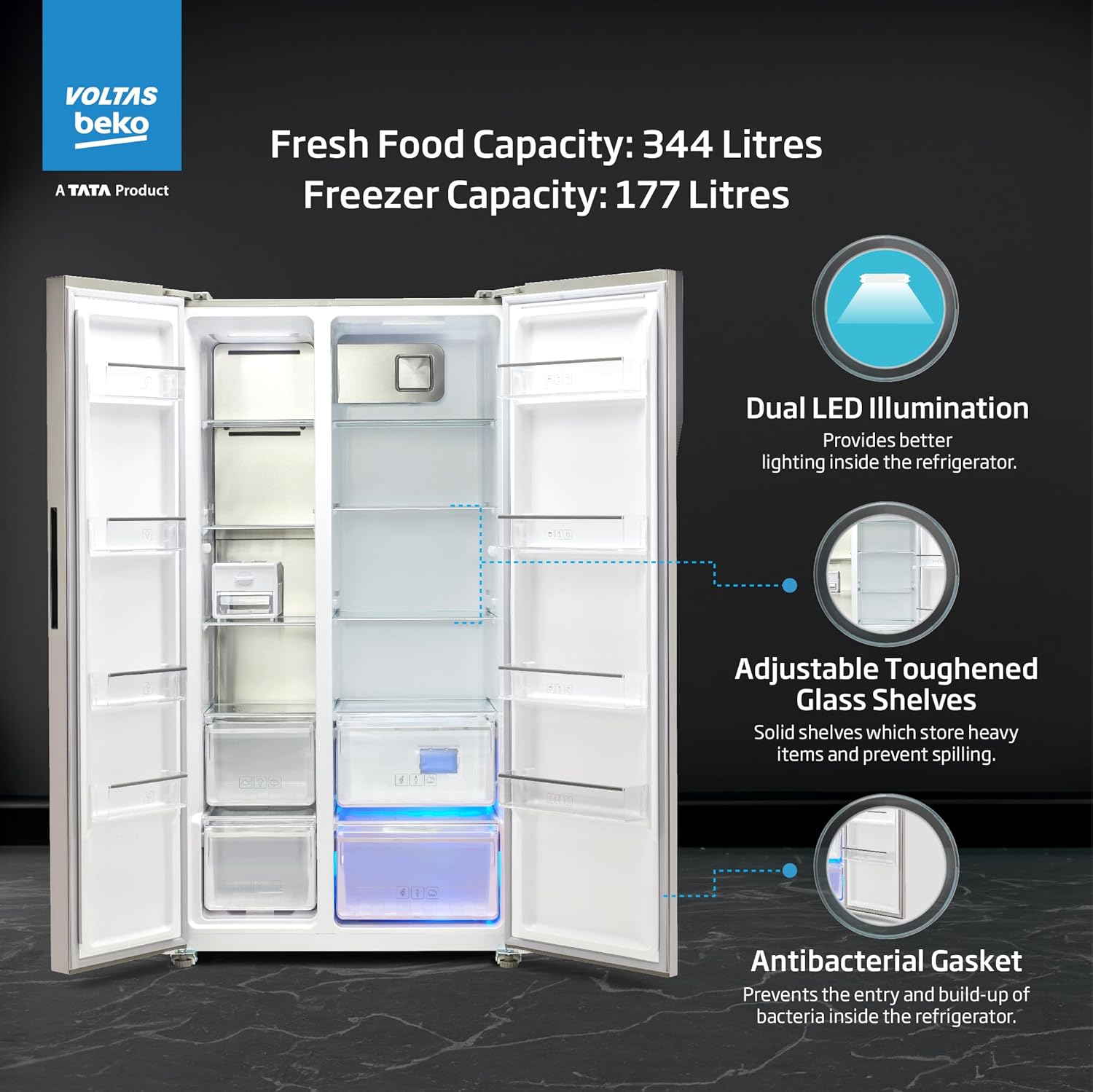Voltas Beko, A Tata Product 563 L Side by Side Frost Free Refrigerator